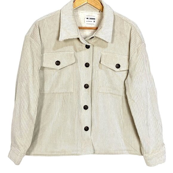 Corduroy Sherpa Lined Oversized Shacket Jacket M Button Up Soft Outerwear Beige - Picture 2 of 11